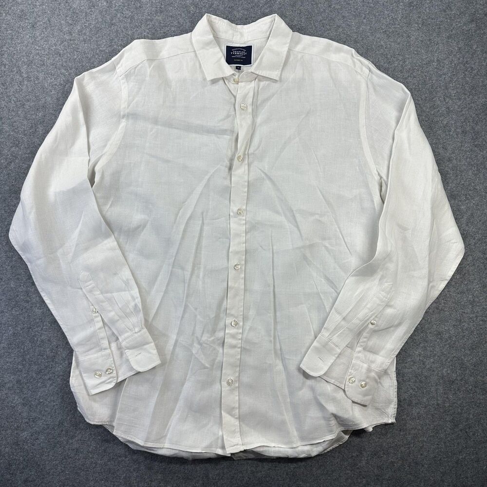 Charles Tyrwhitt Shirt Mens XL White Linen Long Sleeve Button Front Casual